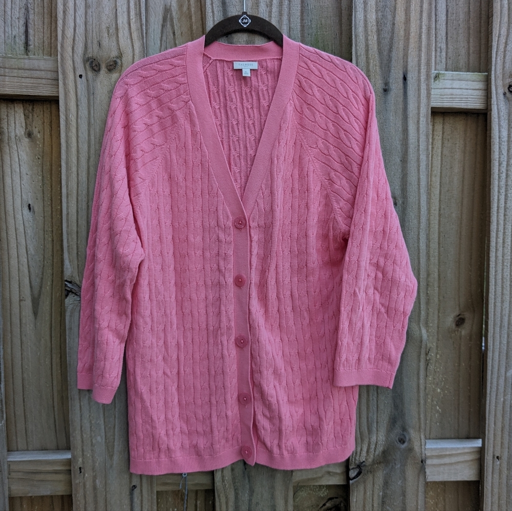 Talbots Womens Pink V-Neck Long Sleeve Button Up Cardigan Sweater Cable Knit XL
